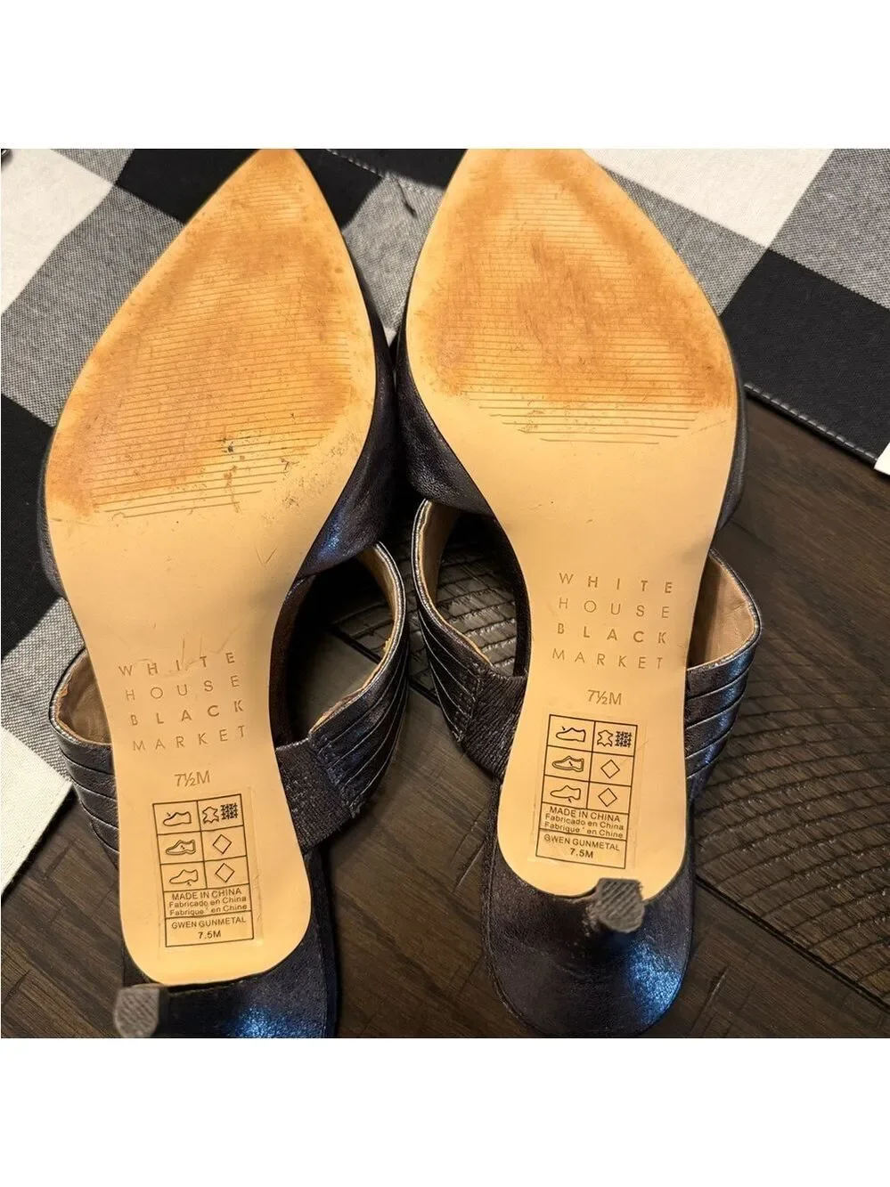 White House, black market gunmetal, Heeled Mules 7.5 excellent condition.